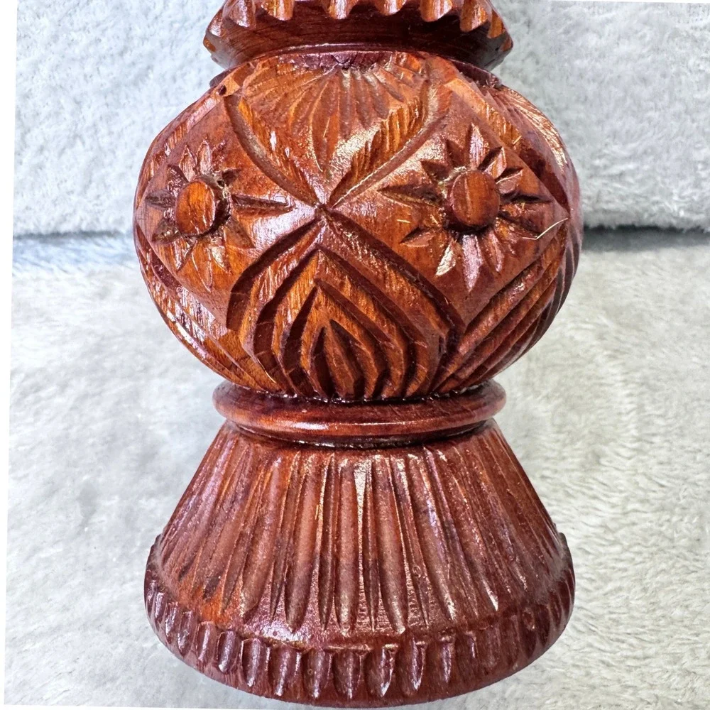MCM Folk Art Carved Wooden Vase Ornate Floral Design Dark Wood Decorative Accent